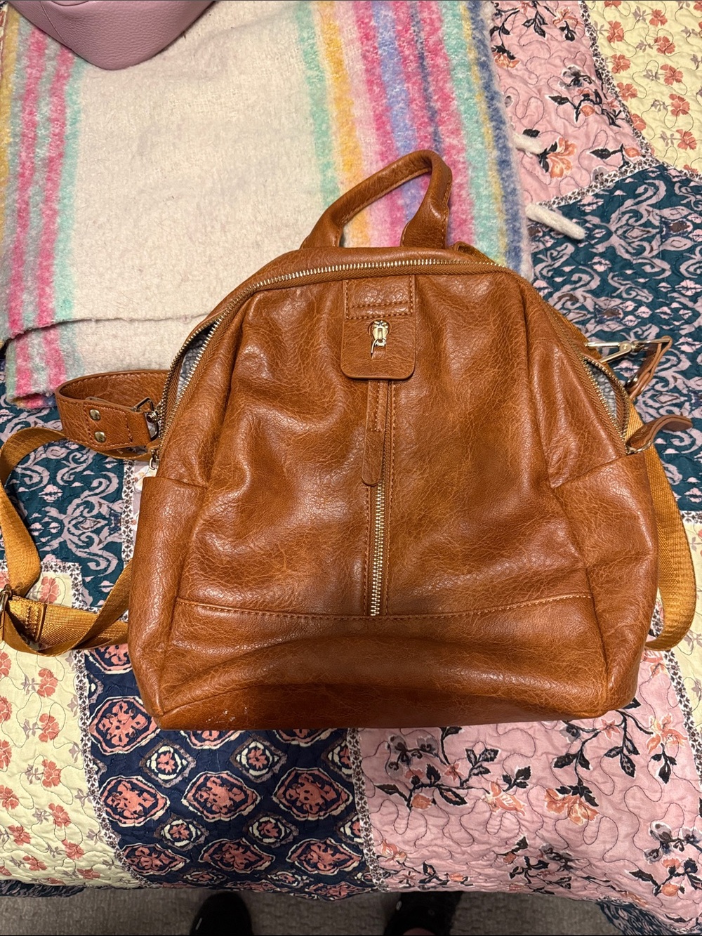 Moda Luxe Tan Leather Interior Tote with Gold Plaque